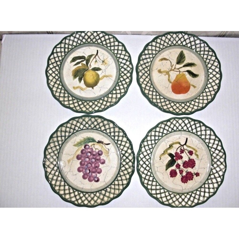Raymond Waites Cornucopia Fruit Lattice Salad Plates Set of 4 Hand Painted
